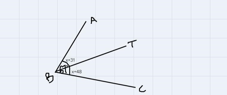 If angle ABC = 67, angle TBC = x+48 and angle ABT = x+31 what is x?-example-1