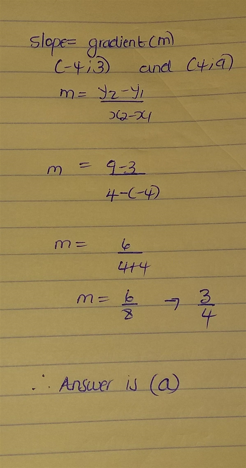 Find the slope of the line that contains the points: (-4, 3) and (4, 9) a) 3/4 b) -3/4 c-example-1