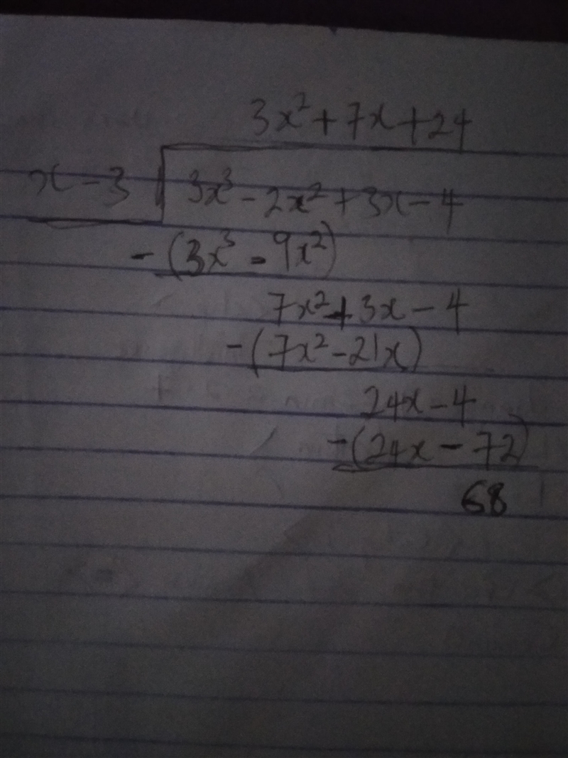 Perform (3x3 – 2x2 + 3x – 4) ÷ (x – 3) to find the value of the remainder.Question-example-1