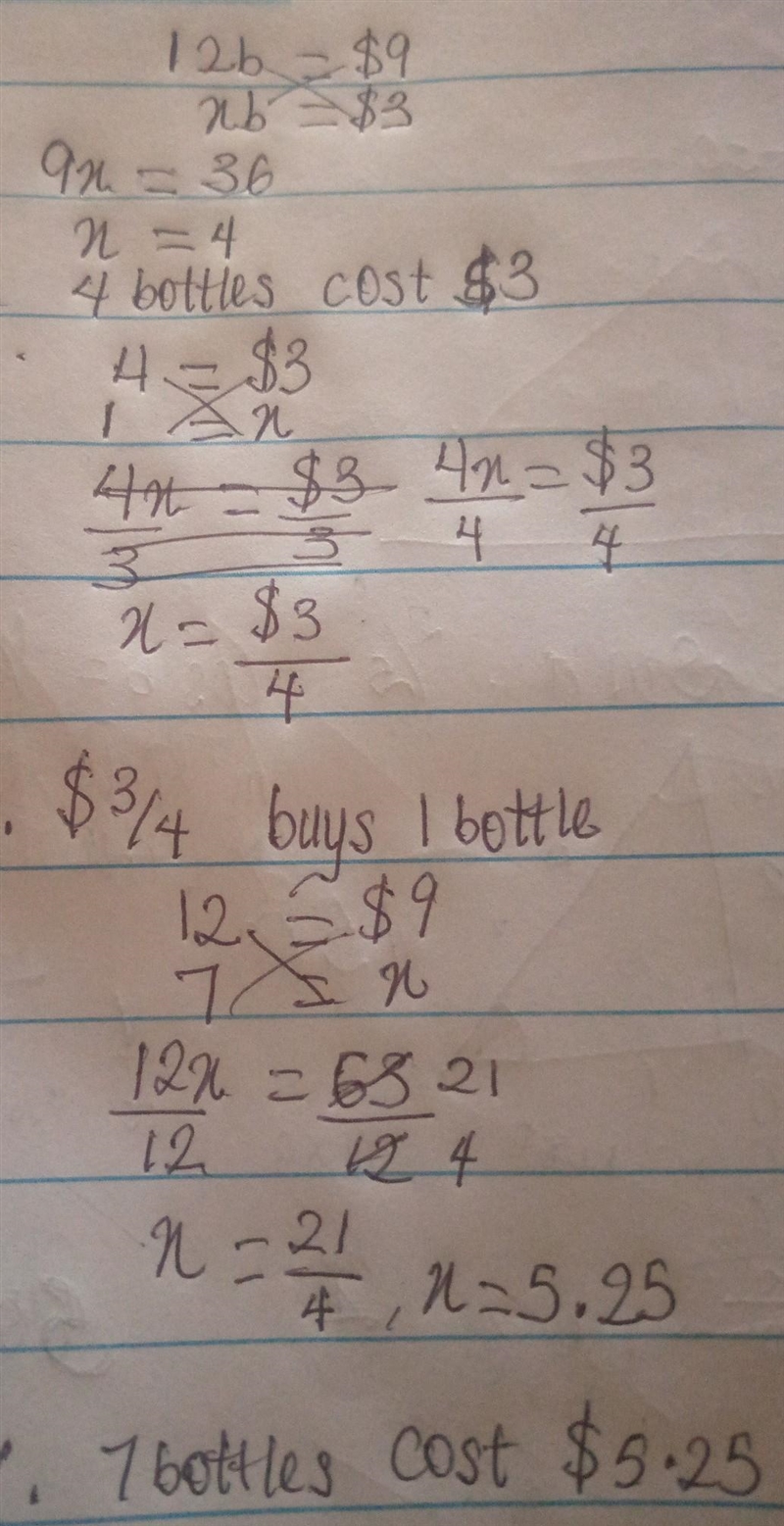 Twelve bottles of water cost $9. How many bottles can you buy for $3? What is the-example-1