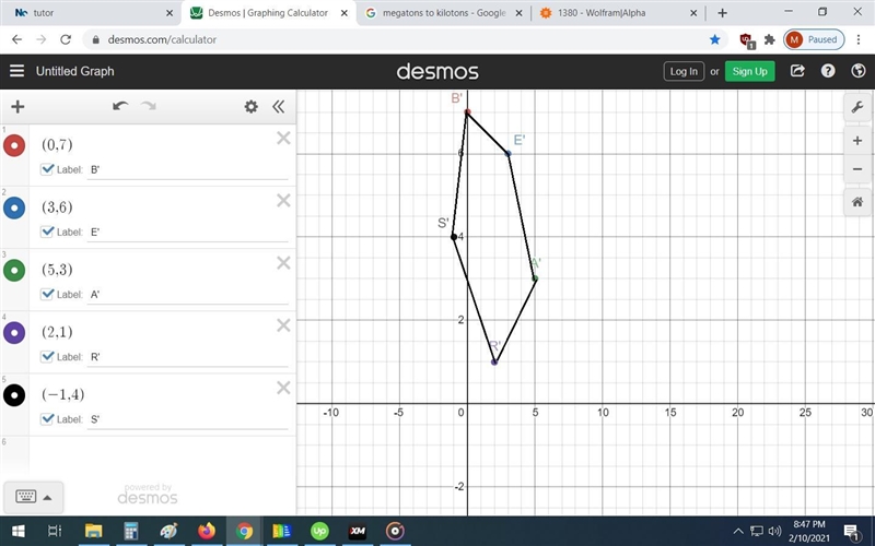 1. Transform pentagon BEARS According to (x,y) → (x + 6, y + 8). Write the coordinates-example-1