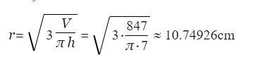 If the volume of a cone is 847picm³ and the height is 7 cm, what is the radius?-example-1