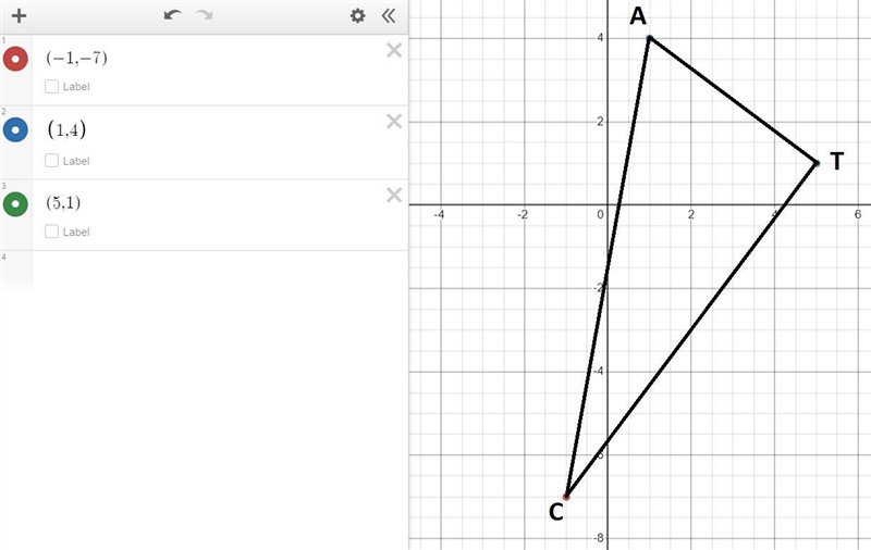 C (-1,-7), A (1,4), T (5, 1). What kind of triangle is CAT? Calculate the area and-example-1