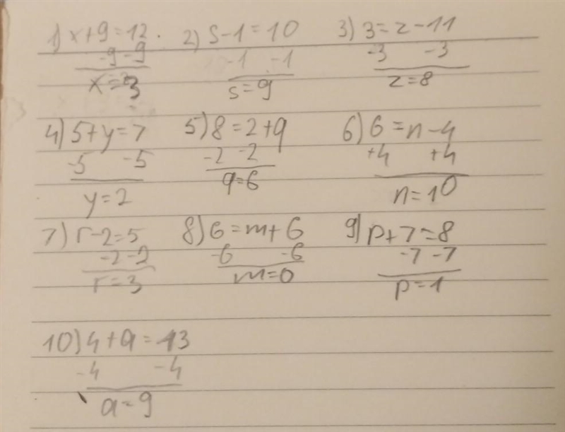 PLEASE HELP! AND PLEASE ANSWER WITH WORK! 1) x+9=12 2) s-1=10 3) 3=z-11 4) 5+y=7 5) 8=2+q-example-1