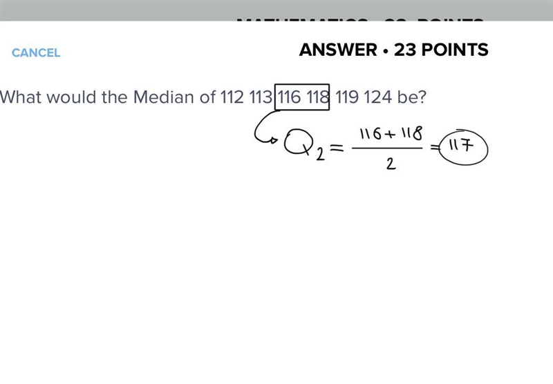 What would the Median of 112 113 116 118 119 124 be?-example-1