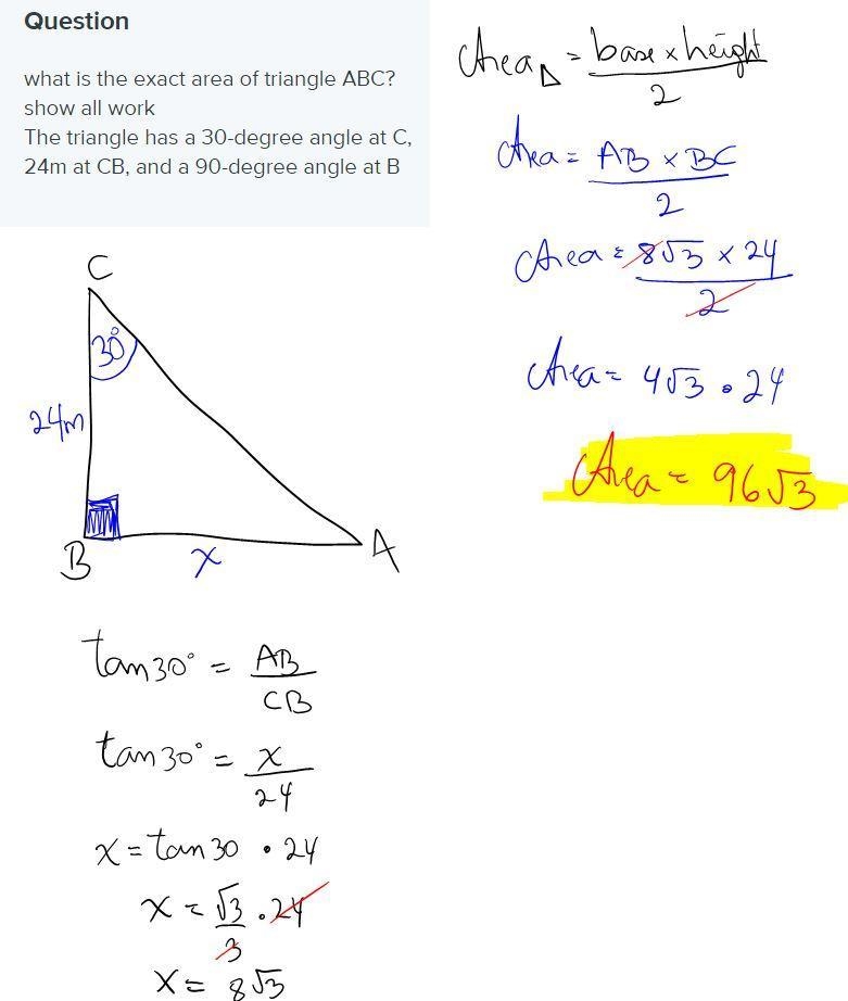 What is the exact area of triangle ABC? show all work The triangle has a 30-degree-example-1