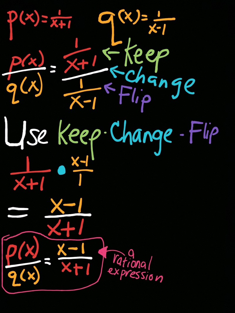 Use the information below to complete the problem: p(x) = 1/(x+1) and q(x)= 1/(x-1) Perform-example-1