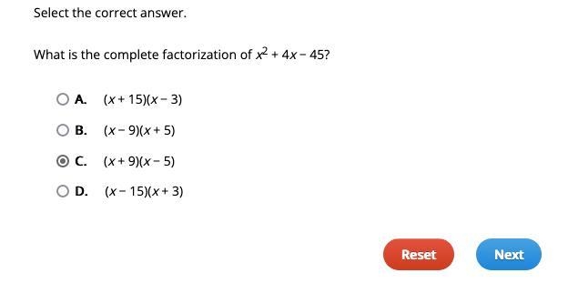 9) What is the complete factorization of x2 + 4x-45? OA (x + 15)(x-3) OB. (x- 9)(x-example-1