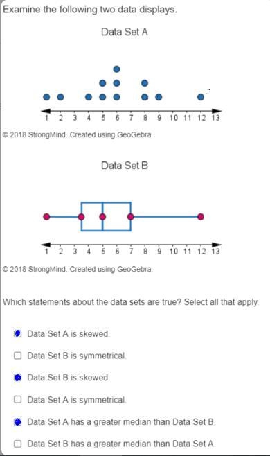 Examine the following two data displays. Data Set A: a dot plot with dots at the following-example-1