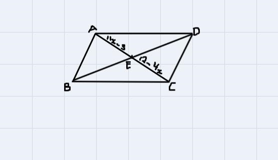 Given parallelogram ABCD, diagonals AC and BD intersect at point E. AE=11x−3 and CE-example-1