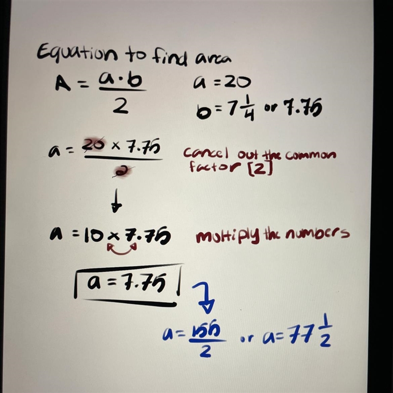 What is the area of a right triangle with a height of seven and three fourths yards-example-1