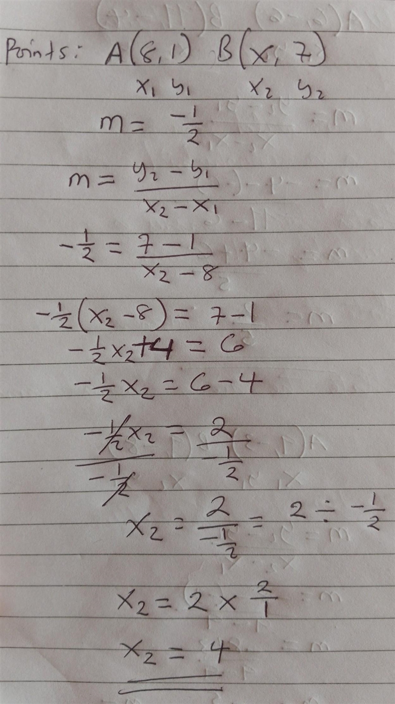 Find the value of x so that the line passes through the points (8, 1) and (x, 7) and-example-1