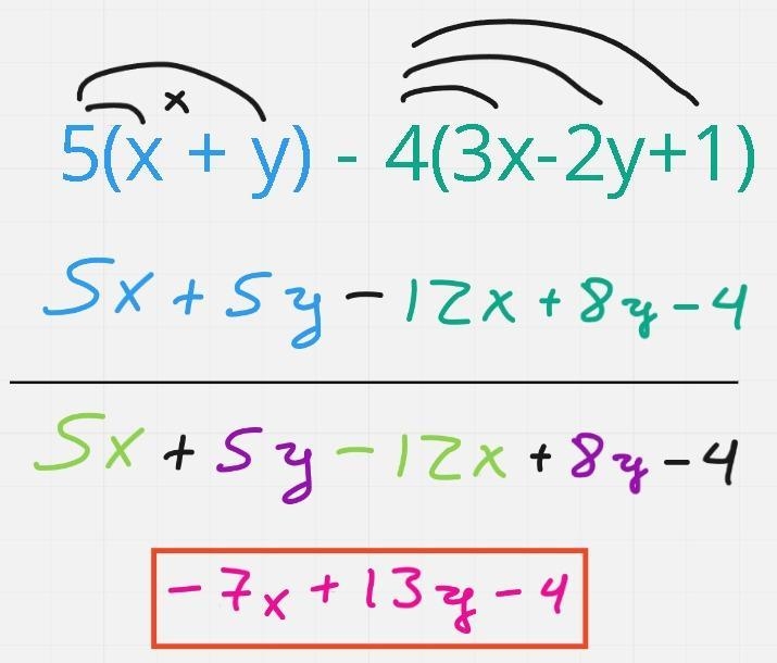 5(x + y)-4(3x-2y+1) simplify algebraic expression-example-1