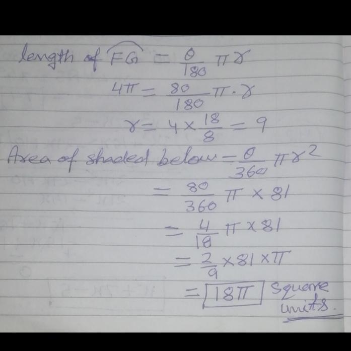 In circle EE, the length of \overset{\LARGE\frown}{FG} = 4\pi FG ⌢ =4π and m\angle-example-1