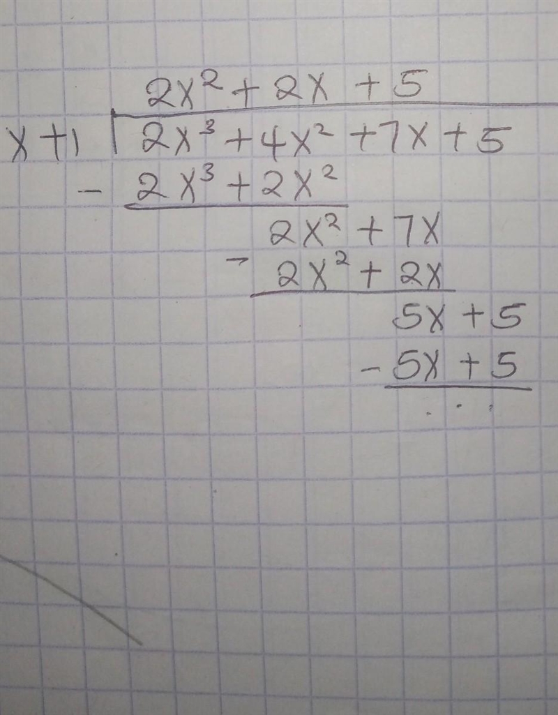 Use the long division method to find the result when 2x3 + 4x2 + 7x + 5 is divided-example-1