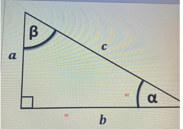 If angle a=40 degrees and b is 30 cm long, what is the length of c?-example-1