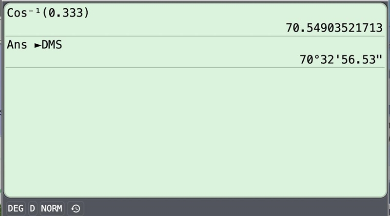 Find the principle value of each of the following to the nearest minute: Arccos (0.333)-example-1