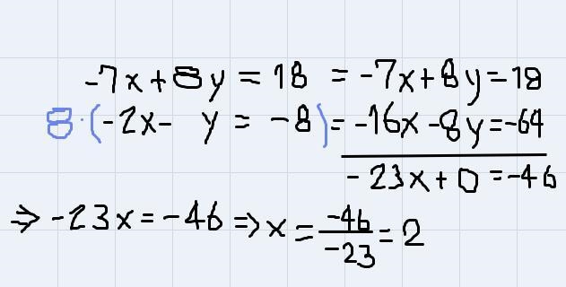 Solve using elimination. -7x + 8y = 18 -2x - y = -8(_,_)-example-1