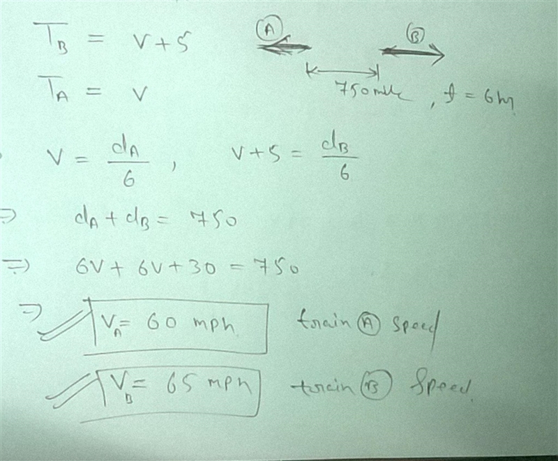 Two trains going in opposite directions leave at the same time. Train B travels 5 mph-example-1