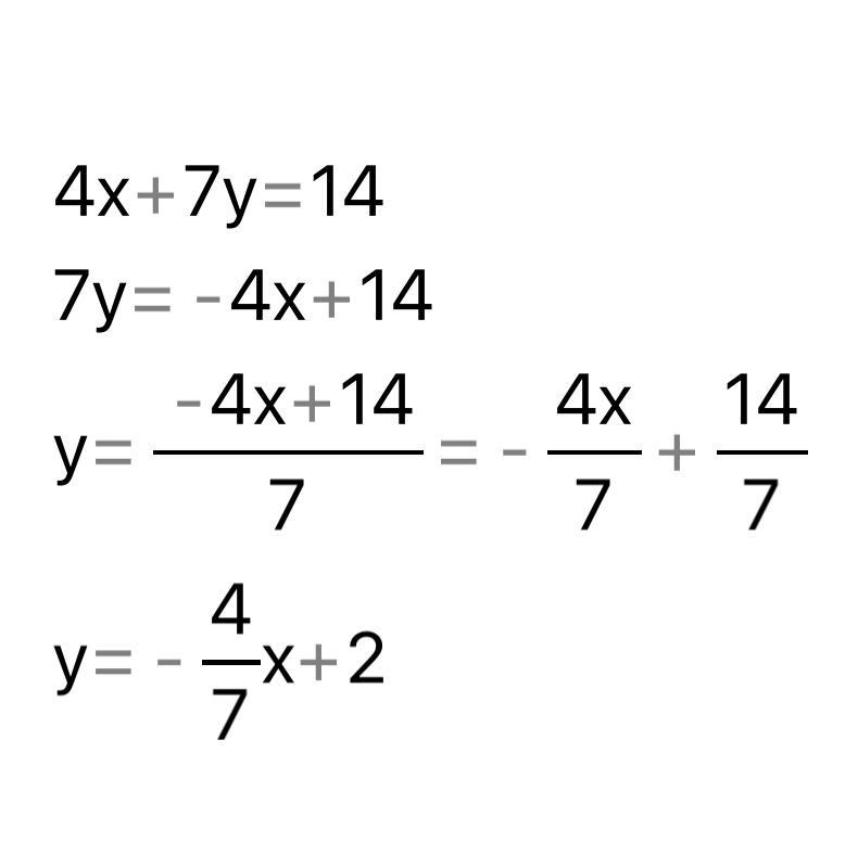 Change 4x + 7y= 14 to slope intercept form (y=mx+b)-example-1