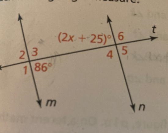 Line m is parallel to line n. Find the value of x and each missing angle measure. Explain-example-1