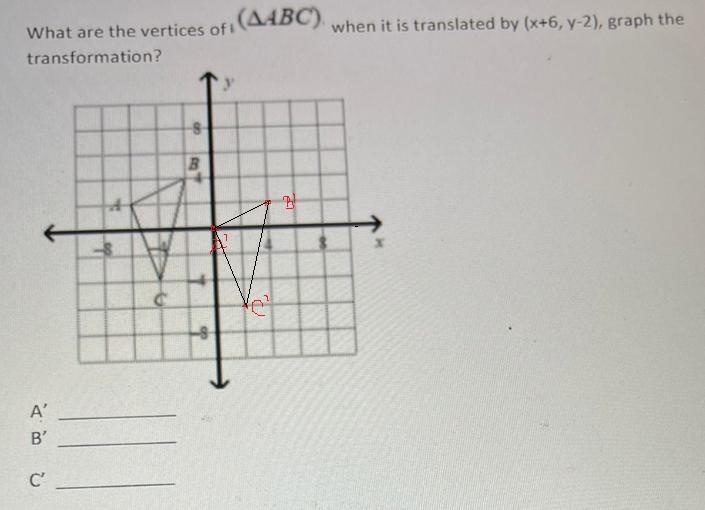 What are the vertices of (AABC)when it is translated by x+6, y-2), graph thetransformation-example-2