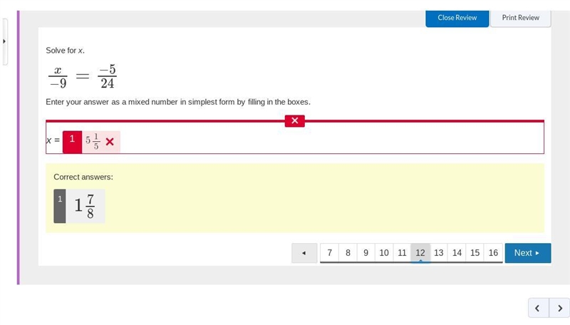 Solve for x. x−9=−524 Enter your answer as a mixed number in simplest form by filling-example-1