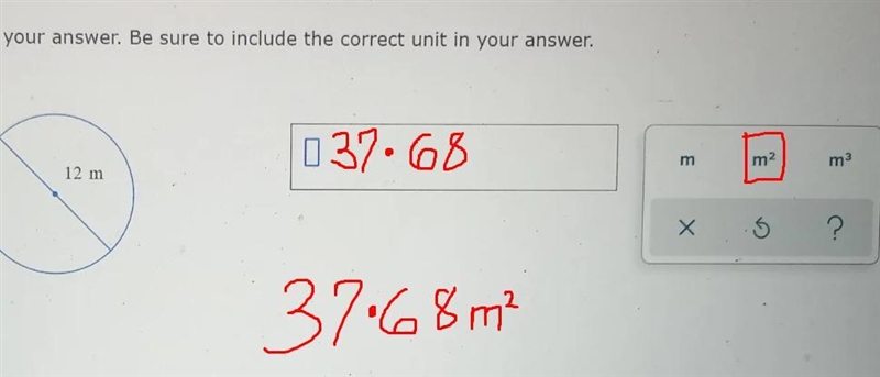 A circle has a diameter of 12 m. What is its circumference? Use 3.14 for π, and do-example-1