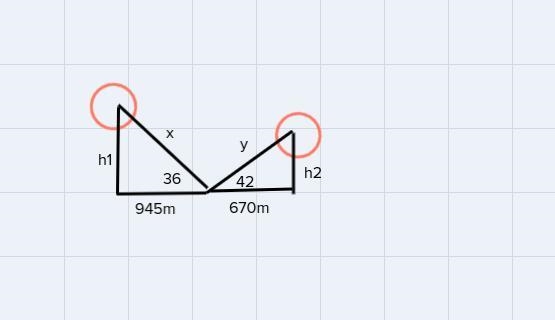 balloon 670 meters away angle 42degrees the higher balloon is 945 away angle 36 degrees-example-1