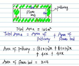 A rectangular flower bed measures 8 metres by 4 metres. A uniform pathway of stones-example-1