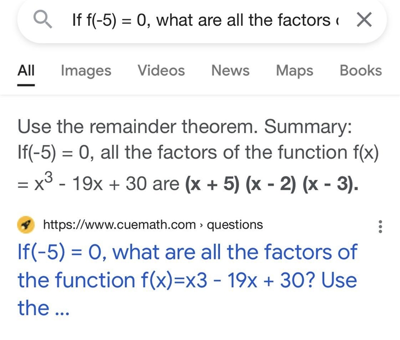 If f(–5) = 0, what are all the factors of the function f (x ) = x cubed minus 19 x-example-1