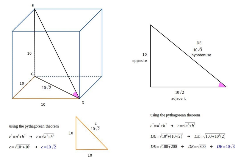 Suppose each edge of the cube shown in the figure is 10 inches long. Find the sine-example-1