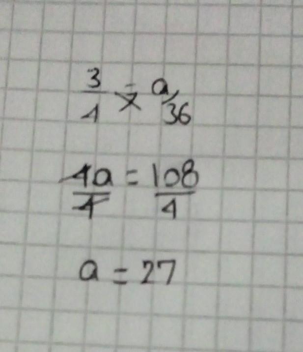 Choose all the values that make the following equation true equation: 3/4 = a/36 possible-example-1