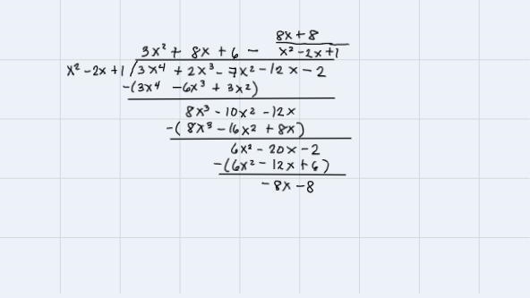 Use the long division method to find the result when 3x4 + 2x³ - 7x² - 12x - 2is divided-example-1