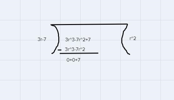 Divide these polynomials using long division.(−7r {}^(2) +3r {}^(3) +7)÷(3r−7)-example-1