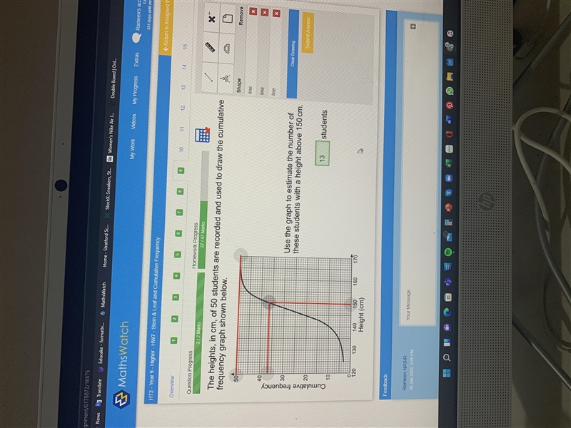 The heights, in cm, of 50 students are recorded and used to draw the cumulative frequency-example-1