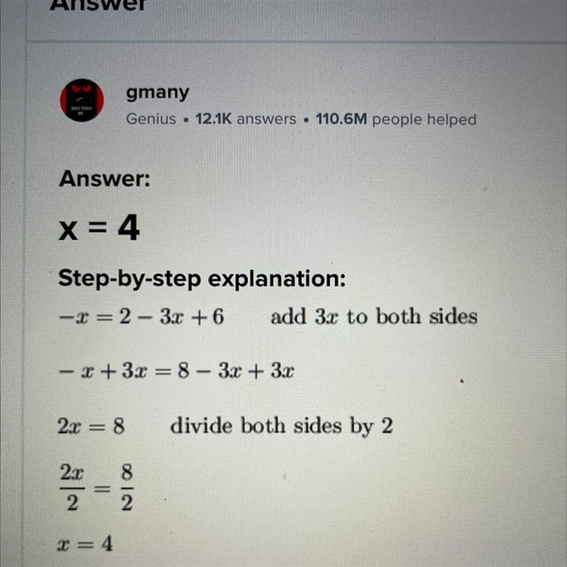 What is the value of x in the equation 3x = 2 + x + 6?-example-1