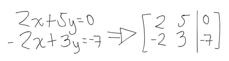 Write the augmented matrix form of the linear system.2x + 5y = 0–2x + 3y = –7-example-1