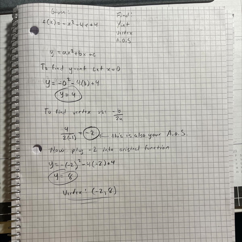 Given f(x) = -x² - 4x + 4, Find the following: Y-intercept: Vertex: Axis of symmetry-example-1