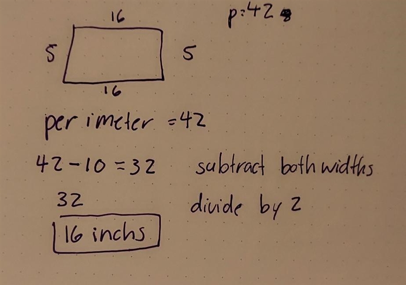 The perimeter of a rectangle is 42 inches. If the width of the rectangles 5 inches-example-1