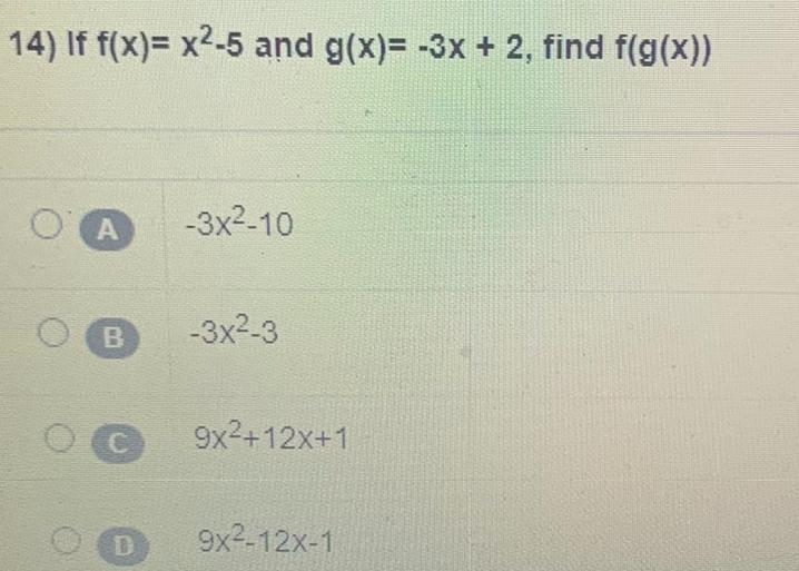 If f(x)= x-5 and g(x)= -3x + 2, find f(g(«)-example-1