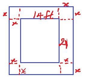 A rectangular garden is 21 feet long and 14 feet wide. A brick walk way with uniform-example-1