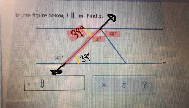 In the figure below, L is parallel to M. Find X-example-1