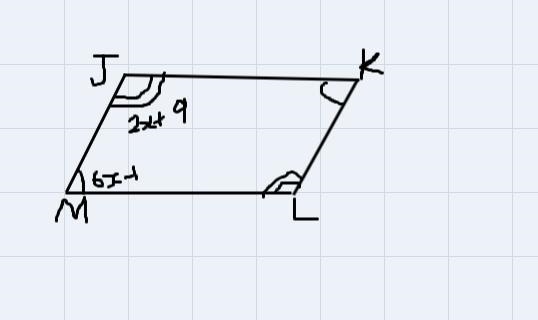 Parallelogram JKLM has angle measures J(2 x+9) degrees and M(6 x-1) degrees. Determine-example-1