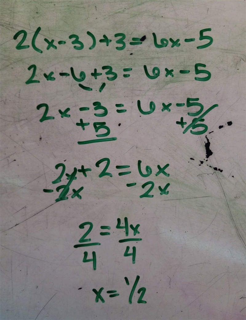 What is the value of x in the following equation? 2(x-3)+3=6x-5 x=2 x=-2 x=1/2 x=4-example-1