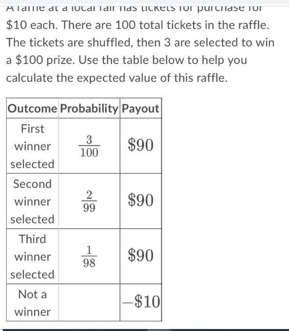 A raffle at a local fair has tickets for purchase for$10 each. There are 100 total-example-1