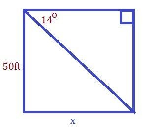 A range is looking outwards from a 50 foot tower. He looks down(top angle) at a 14 degree-example-1