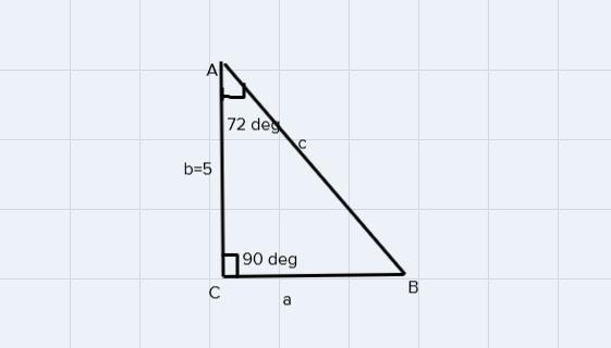 For triangle ABC, ∡c=90°, b=5, and ∡A=72°. Draw and label a diagram for this triangle-example-1