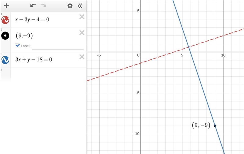 Passing through (9,-9) and perpendicular ti the line whose equation is x -3y-4 =0-example-1