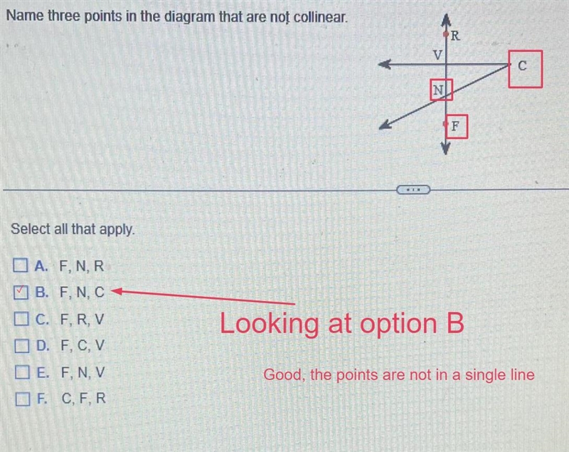 Name three points in the diagram that are not collinear. Select all that apply. A-example-2